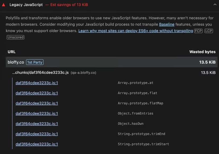 Lighthouse legacy JavaScript audit
